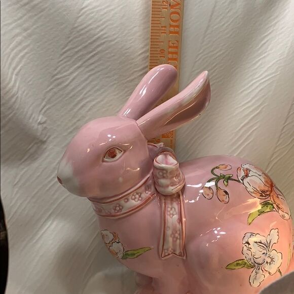 Pink Ceramic Holiday Easter Spring Flowered Bunny With Bow 9 1/2 Inches Tall - Picture 7 of 10